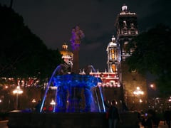 Puebla’s Zócalo at night.