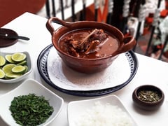 Huaxmole mexican dish typical from Tehuacan, Puebla, with all the service that includes onion, lemon, parsley and fresh guaje seeds.